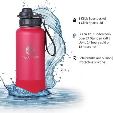 Термофляга Hydro2Go Edelstahl 950 мл з соломинкою, ізольована, BPA-free, не протікає, зберігає холод 24 год / тепло 12 год, для спорту та активного відпочинку, маджента