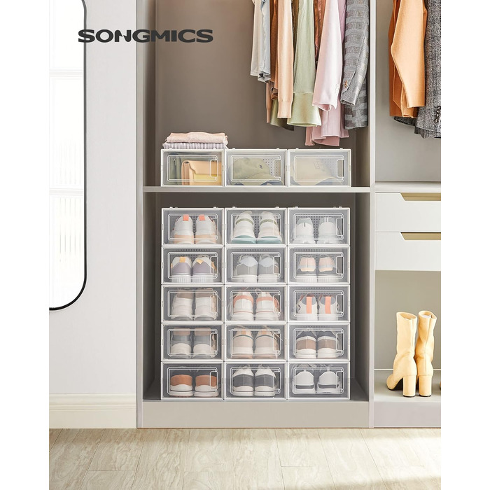 SONGMICS Shoe Boxes, 18-Piece Set, Plastic Shoe Organizer, Foldable and Stackable, for Shoes up to Size 44, Transparent-White LSP18SWT