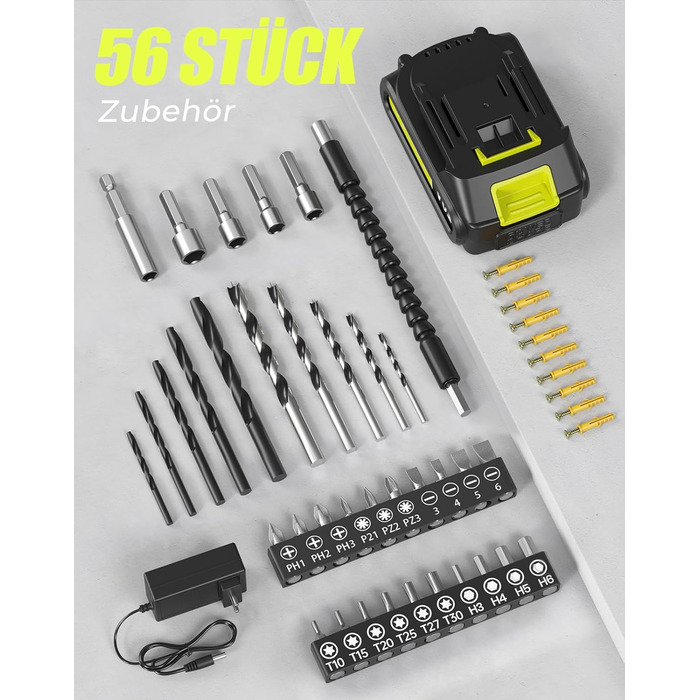 Акумуляторний шуруповерт-дрель 20V, 56 шт. в наборі, 42Nm, LED-підсвітка, для дому та ремонту