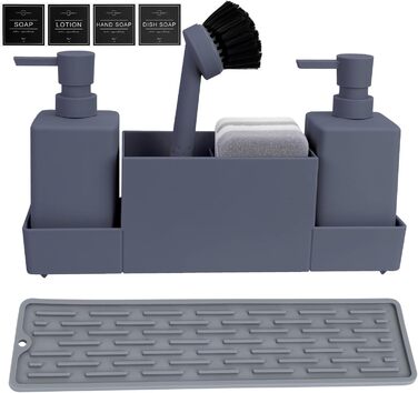 CAUTIOUS 350ml Sink Organizer with Brush, Soap Dispenser Sponge Kitchen Dish Soap Dispenser Set Made of Plastic, Sink Organizer with Two Soap Dispensers, Kitchen Gadget Organizer (gray)