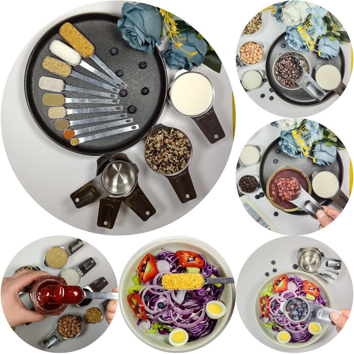 Measuring Cup and Spoon Set, Stainless Steel Measuring Cups and Spoons, 20 Piece, including 7 Measuring Cups and 9 Measuring Spoons, 1 Leveler, 2 Rings, 1 Conversion Chart, Kitchen Gadgets for Cooking and Baking