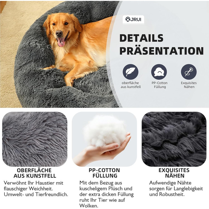М'яке ліжко для собак, кругле килимок для котів, плюшеве ліжко для собак, килимок для котів, миється, плюш, зручне ліжко, подушка, ліжко-бублик для собак, кошик для собак, середніх та великих собак - сірий (50-120см), розмір 50 x 50 x 20 см, темно-сірий