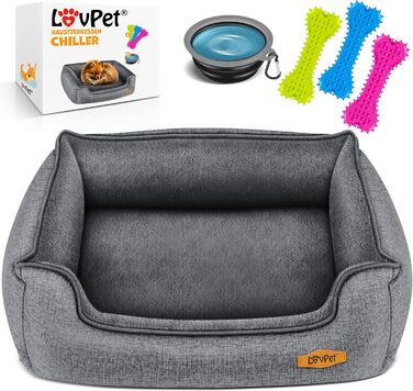 Крісло-лежанка для собак Lovpet® XL, 110 x 75 x 27 см, сіре. З мискою та іграшками. Лежанка для собак великих, середніх та маленьких порід. Знімна та пральна наволочка.