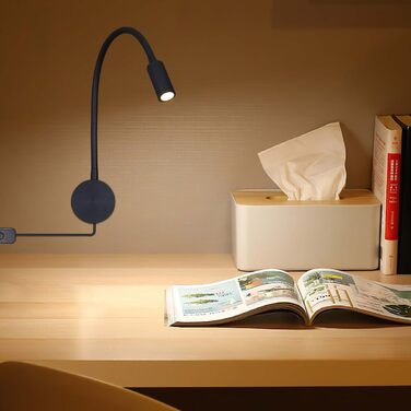 Настінний світлодіодний світильник для читання 3W теплий білий 3000K чорний з вимикачем на шнурі