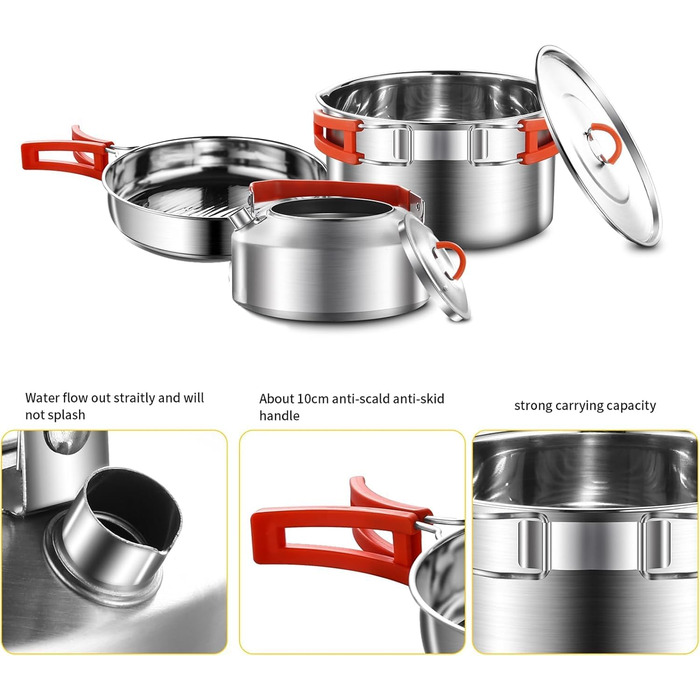 Набір посуду для кемпінгу з нержавіючої сталі 304, 1-2 особи. Посуд для туризму, похідний набір з каструлею, сковородою з антипригарним покриттям та чайником у сітчастій сумці