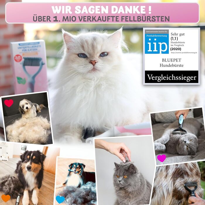 Щітка для собак та котів з довгим хутром BluePet, видаляє підшерстя та ковтуни, захист верхнього шару, рожева