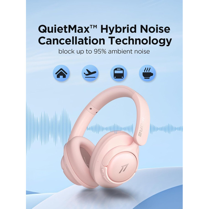 1MORE HQ31 Бездротові навушники Bluetooth Over-Ear з активним шумозаглушенням, 90 годин роботи, Hi-Res аудіо, просторовий звук, чіткими дзвінками, швидкою зарядкою та EQ в додатку (Рожеві)