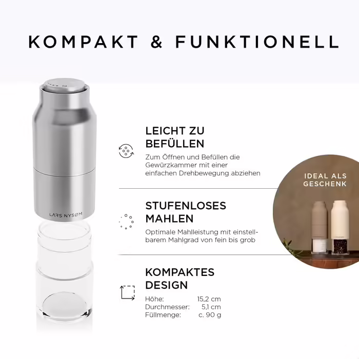 LARS NYSØM Salt and Pepper Mill Set Stainless Steel with Adjustable Grinder | Bottle Design Spice Mills Set Manual (Stainless Steel)