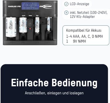 Зарядний пристрій ANSMANN Powerline 5 Pro для акумуляторів NiMH/NiCd з LCD-дисплеєм та мікропроцесорною технологією, багаторазовий захист
