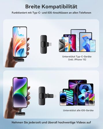 Бездротові петличні мікрофони 2 шт. для iPhone/iPad/Android, з шумозаглушенням, Plug-and-Play, для відео, подкастів, YouTube, TikTok, Vlog, чорний