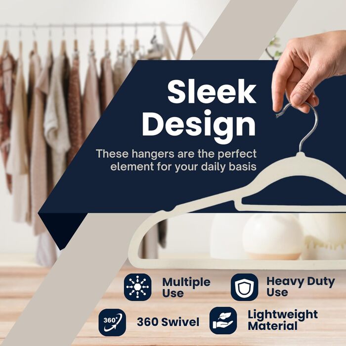 Набір велюрових вішалок для одягу, 50 шт. з органайзером для краваток, обертові гачки, кремовий колір