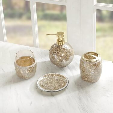 Madison Park Mosaic Bathroom Accessory Set, 4-Piece Bathroom Accessory Set with Gold Soap Dispenser, Toothbrush Holder, Tumbler, and Ring Dish