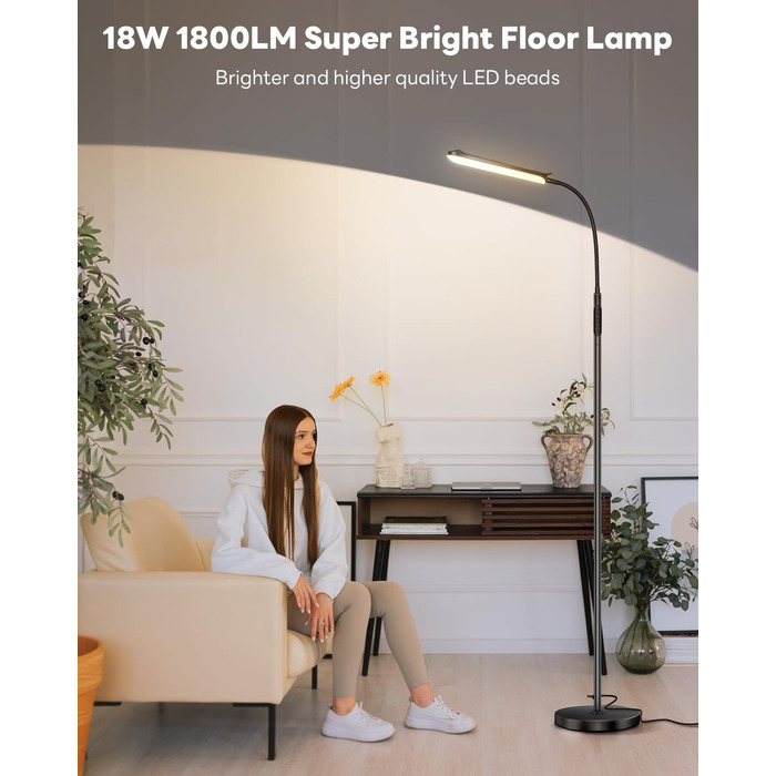 Світлодіодна торшерна лампа 18W 1800LM, 175 см, чорний. Гнучкий регульований, димування, зміна кольору світла (2700K-6500K), пульт ДУ