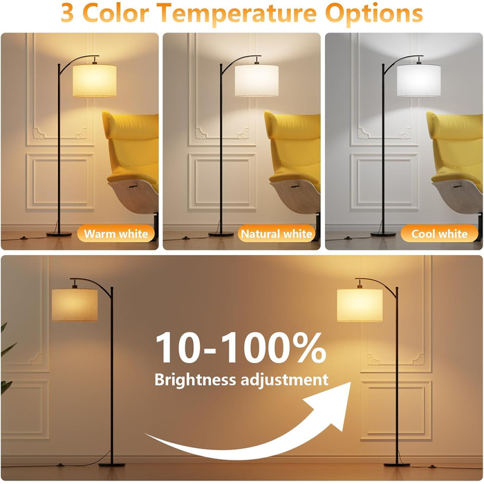 Стійка лампа для вітальні з пультом керування, 3 колірні температури, сумісна з LED, чорного кольору, з димуванням, з кнопкою на ніжці, для спальні, читання, офісу, з лампочкою в комплекті