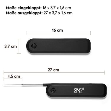 Burnhard Instant-Read Thermometer, Folding, Grill Thermometer + Leather Protective Case, Roast Thermometer, Ultra-Fast Measurement, 1.5mm Probe, 180° Invisible-Off LED Display, USB Rechargeable