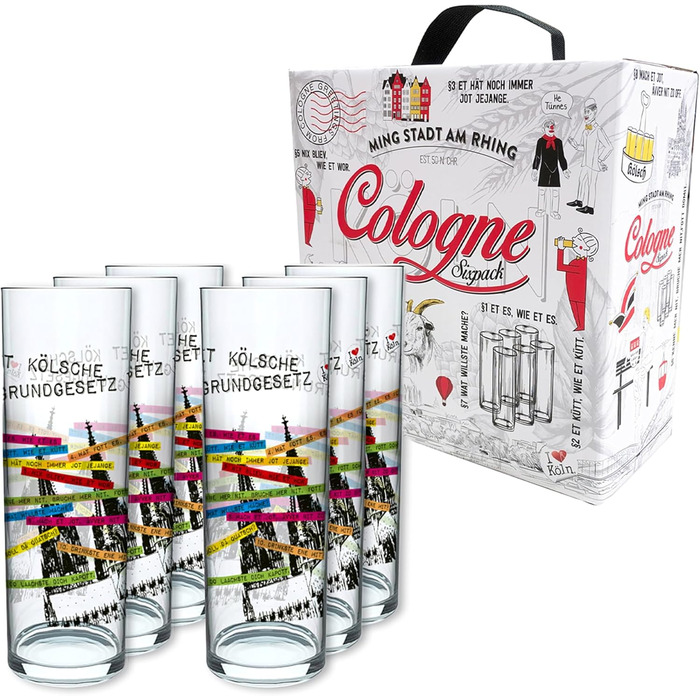 Set of 6 Kölsch glasses, assorted colors, 0.2ml, Cologne sticks with the Basic Law, beer glasses, drinking glasses with print. (MADE IN GERMANY), Size: 276 EU