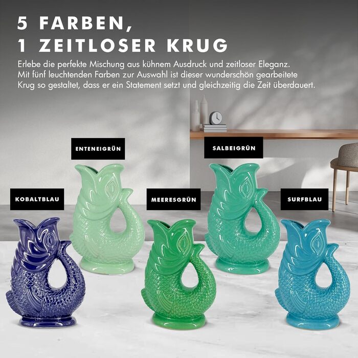 Water Carafe Ceramic Pitcher in Fish Shape - 1.5 L, Dark Blue - Fish Carafe with Gurgling Sound for Fun Pouring of Water, Wine & More - Bubble Jug Carafe Fish - Fish Pitcher