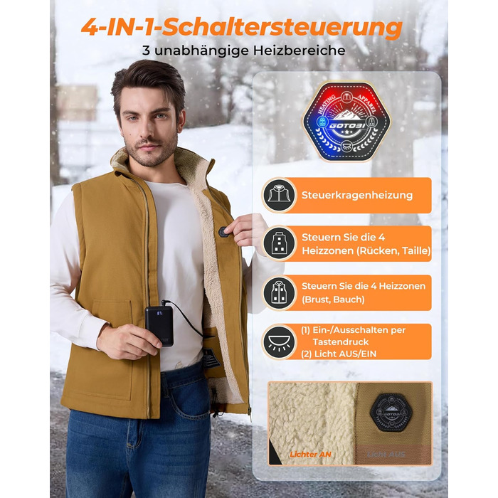 Електрична гріюча жилетка для чоловіків з Powerbank 16000mAh, 7,4V, 9 зон обігріву, канвас, фліс, регулювання температури, khaki XXL