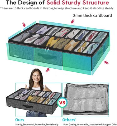 Організатор для взуття Homyfort 2 шт. з прозорим кришкою - коробка для взуття з 14+4 відділеннями, сіра, льон, XDUBS14S4 (Чорний, XXL)