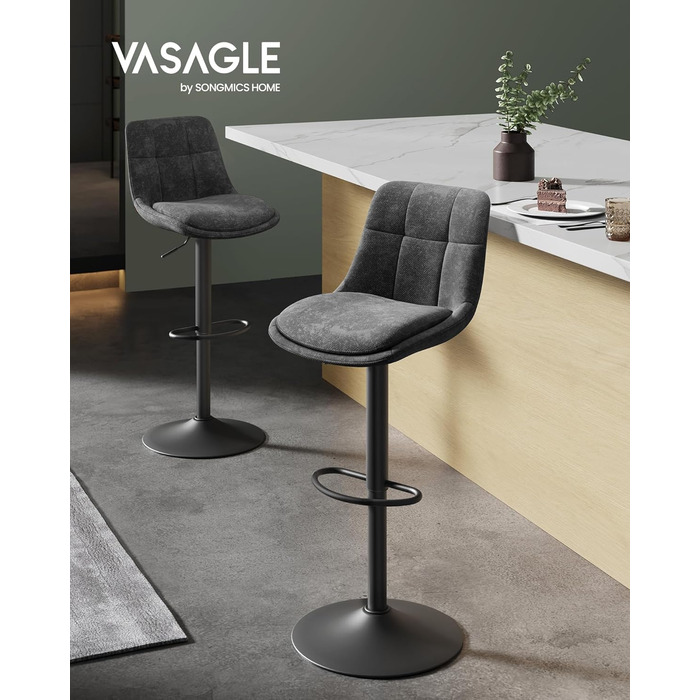 Барні стільці VASAGLE 2 шт. регульовані по висоті, обертаються, зі спинкою та підставкою для ніг, для кухні/їдальні/бару, сталь, сірий (фланель)