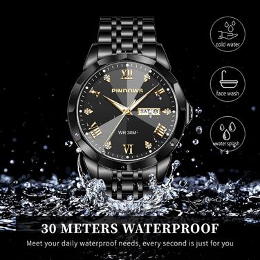 Годинник чоловічий PINDOWS Luxus Quarz аналоговий з датою та великим циферблатом, водостійкий, модний, бізнес-стиль. Елегантний двоколірний годинник з нержавіючої сталі з підсвічуванням календаря De650n1: Чорний