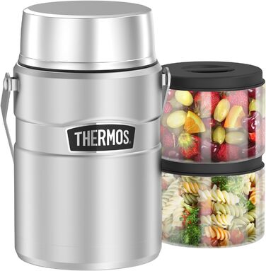 Thermos STAINLESS KING FOOD JAR 1.2l, steel. Stainless steel food container with inserts and handle, 12 hours hot / 24 hours cold, for noodles, soup, muesli. Large food container 1.2 l with handle and versatile inserts.
