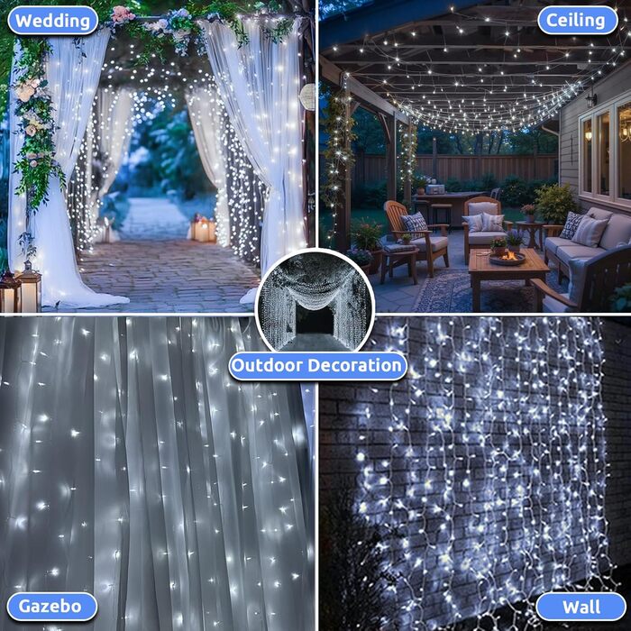 Лампочки-завіса для декору інтер'єру та екстер'єру 300 LED, 3x3м, різдвяне освітлення, 8 режимів, таймер, вологостійка, для вікна, стіни, вечірки, шлюбу, холодний білий