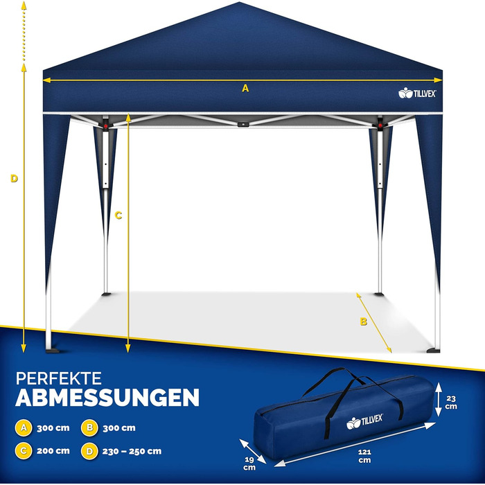 3x3m Waterproof Gazebo | Pop-Up Folding Gazebo with Adjustable Height | Garden Tent with UV Protection 50+ | Party Tent with Bag for Garden (Blue)
