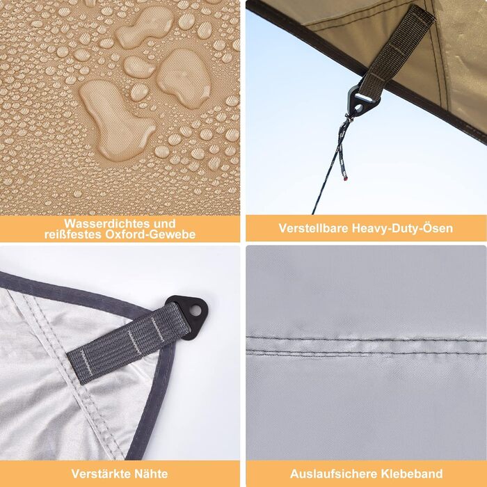 Водонепроникний намет WADEO 3x4 м: брезент для кемпінгу, тент для намету з брусками, кілочками та мотузками, ультралегкий, для кемпінгу та пікніків на природі, хакі