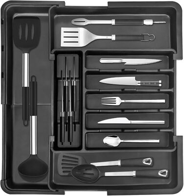WwuHua Cutlery Box for Drawers, Drawer Insert Kitchen, Cutlery Insert for Drawers with Expandable Sides, 4-Sided Organizer Drawer Kitchen with 2 Knife Holders, Black