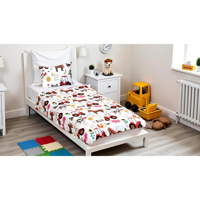 Комплект постільної білизни для дитячого ліжечка: простирадло 100x135 см та наволочка 40x60 см з бавовни, сертифікат Öko-Tex Standard, для хлопчиків та дівчаток (фермерський дизайн)