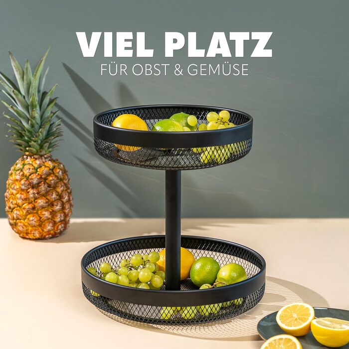 Двоярусна кругла фруктова тарілка Eluno / Корзина для хліба, металева, чорна | Для кухні та вітальні