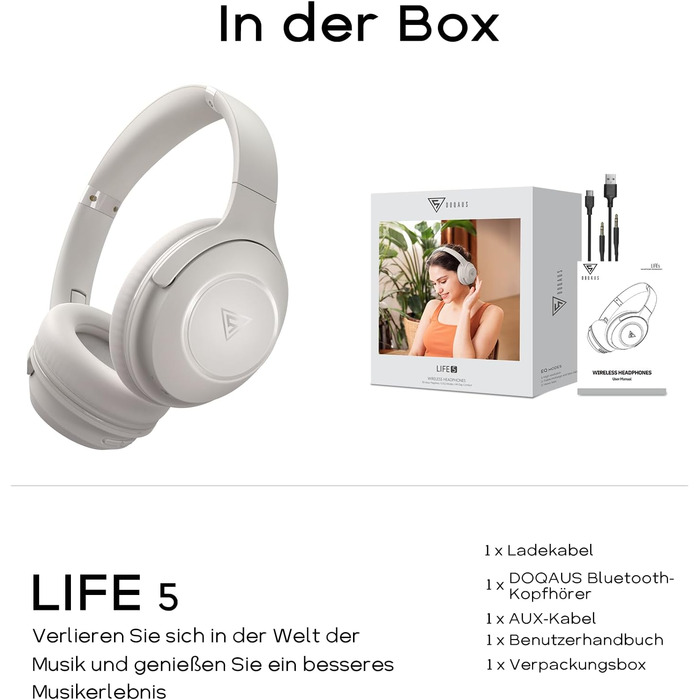Бездротові навушники DOQAUS Bluetooth з тривалим часом роботи (70 годин), Over-Ear, Bluetooth 5.4, Hi-Fi стерео для подорожей, телефону та ПК (світло-сірий)