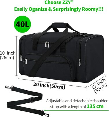 Sports Bag, Travel Bag, Fitness Bag with Shoulder Strap, Weekend Bag for Women and Men (Black, 40L)