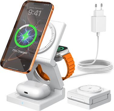 3-в-1 Бездротова зарядка з підтримкою MagSafe для iPhone, Apple Watch та AirPods (біла)