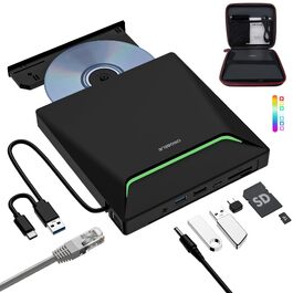 Зовнішній DVD-накопичувач ORIGBELIE з RJ45 Ethernet-адаптером та USB 3.0 хабом (3 USB, 2 TF/SD), зовнішній CD-записувач для ноутбука, MacBook, PC Windows, Linux, Mac OS, з сумкою для перенесення