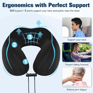 Подушка для шиї у вигляді звірка, Memory Foam, для дорослих, з маскою для сну та берушами, для подорожей, літака, офісу, авто, поїзда (Чорний)