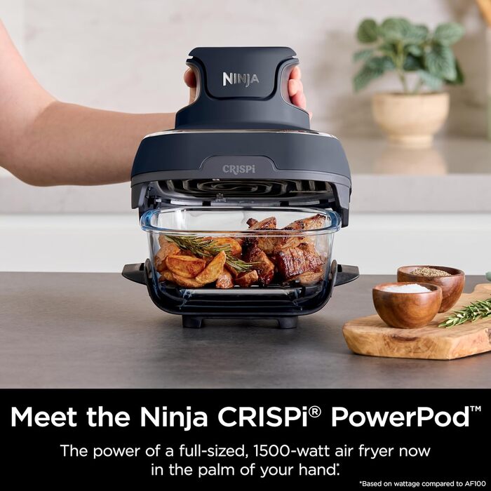 Ninja Crispi – портативна кухонна система з Crispi PowerPod, 6 чашок та 4 скляних чашок TempWare, термостійкі, кришка для зберігання, придатні для мікрохвильової печі, сірий колір