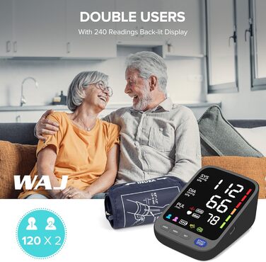 Тонометр WAJ на плече з великою манжетою (22-42 см) для дому | LED-дисплей 6,4 дюйма | Виявлення аритмії | 2×120 місця пам'яті | Вимірювання пульсу, білий (чорний)
