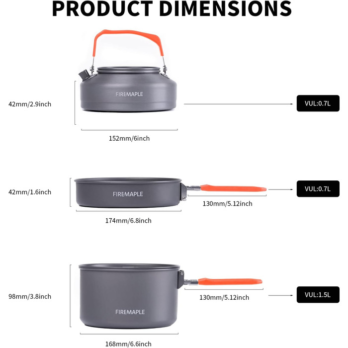 Набір кухонного посуду для кемпінгу Fire-Maple Feast 2: каструля, чайник, сковорода, миски та лопатка для 1-3 осіб (Помаранчевий)