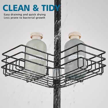 FIISAYL Shower Shelf No Drilling Telescopic Shower Shelf Metal Corner Shelf Bathroom Shelf with 4 Shower Baskets, Height Adjustable 85-325cm, Suitable for Bathtub Bathroom and Kitchen, Black