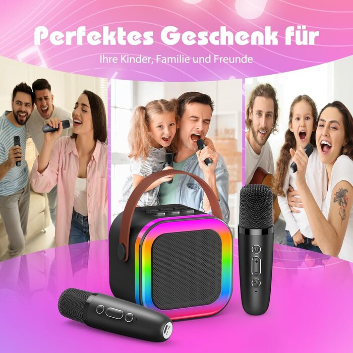Караоке-машина для дітей 3-12 років Dislocati з 2 мікрофонами Bluetooth, портативна музична іграшка зі світлодіодним підсвічуванням, чорна