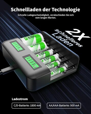 Зарядний пристрій EBL для акумуляторів AA AAA C D NI-MH, Type-C, LCD дисплей, швидка зарядка (зарядний пристрій + 4 x C)