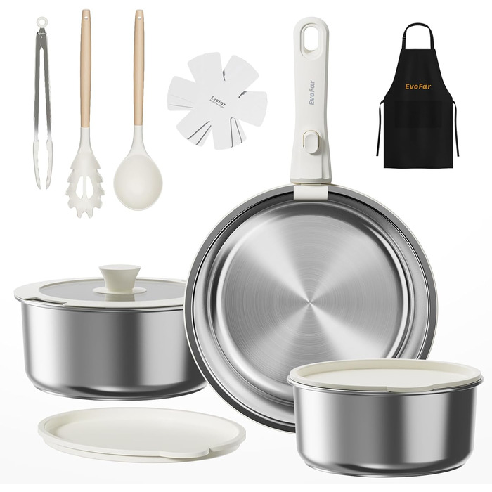 Набір посуду з нержавіючої сталі 14 предметів: каструлі та сковорідки з керамічним покриттям, знімні ручки. Включає сковорідку 24 см, каструлі 18/20 см. Можливість складання. Підходить для всіх типів плит. Білий (сріблястий)