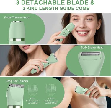 Електричний жіночий триммер для тіла 3-в-1: обличчя, ноги, зона бікіні. Вологостійкий, з LCD-дисплеєм (зелений)