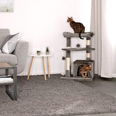 Дряпка для котів Lionto з лежаком та гrottoю, 75 см, з сизалевого мотузка та м'якого плюшу, 2 іграшки з дзвіночками, підходить для кошенят та дорослих котів (темно-сірий)