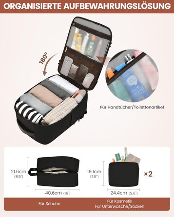 LOVEVOOK Рюкзак ручної об'єм 40L, 45x33x20cm: Рюкзак для подорожей та бізнесу, розширюваний, ручна поклажа, чорний