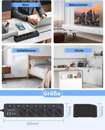 Мережевий фільтр 9-в-1 з індивідуальним вимикачем, 5 розеток, 4 USB-порти (3680W, 16A), захист від перенапруги 1050 Дж, настінний монтаж, 2 м кабель - для дому, офісу та подорожей, чорний