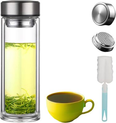 Double-walled glass tea bottle, 1 liter, with 2-in-1 stainless steel strainer for on-the-go use. 1000ml large volume, tea bottle 100% leak-proof, 1 l (350ml single serve).