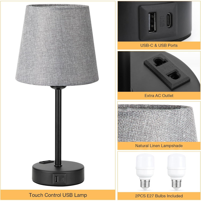 Настільна лампа Kakanuo з торшером, 2 шт., з USB-портами A+C, диммер, LED, для спальні, вітальні, дитячої кімнати, офісу (сірий/чорний)